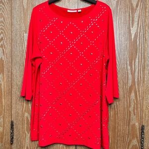 Susan Graver Embellished Knit Tunic Top 2XL Red Silver Studded Diamond‎ Stretch